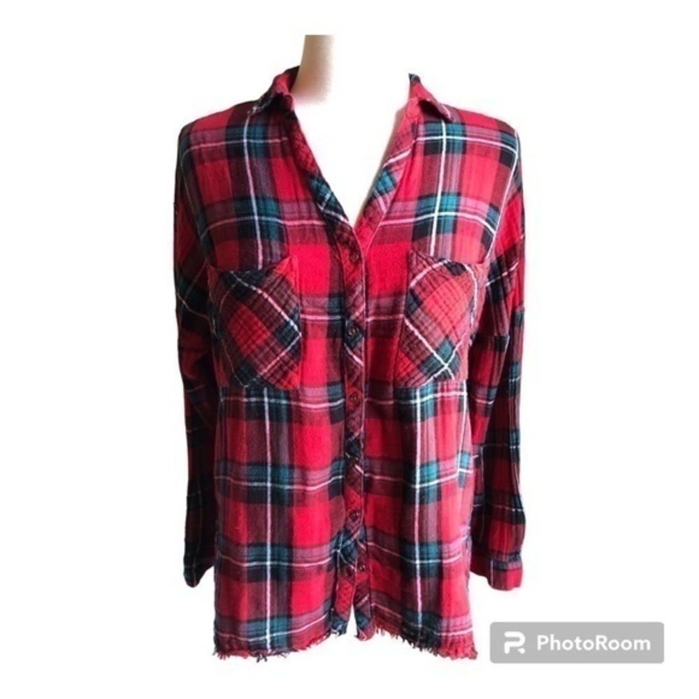 Umgee red green plaid gauzy slub cotton distressed button front shirt medium